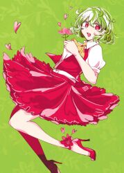 Rule 34 | 1girl, bow, bowtie, dress, floral background, green hair, heart, high heels, kazami yuuka, lipstick, long skirt, makeup, petals, red dress, red eyes, red footwear, red vest, simple background, skirt, solo, symbol-shaped pupils, tama (hiroshige 36), touhou, vest, yellow bow, yellow bowtie