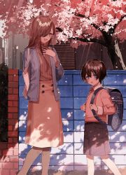 Rule 34 | 1boy, 1girl, absurdres, age difference, backpack, bag, blue eyes, breasts, brown hair, cherry blossoms, commentary, hair over one eye, highres, holding, holding bag, kuga huna, long hair, looking at another, medium skirt, open mouth, original, outdoors, pantyhose, shadow, skirt, small breasts, smile, spring (season), walking, yellow eyes