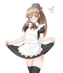 Rule 34 | 1girl, absurdres, alternate costume, apron, black dress, black thighhighs, brown hair, cowboy shot, dated, dress, enmaided, frilled apron, frills, green eyes, hair ornament, highres, kantai collection, kumano (kancolle), long hair, looking at viewer, maid, maru (marg0613), ponytail, simple background, skirt hold, solo, thighhighs, twitter username, white apron, white background