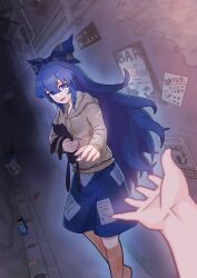Rule 34 | 1girl, 1other, absurdres, alley, blue bow, blue hair, blue skirt, bow, can, cigarette butt, commentary request, crushed can, crying, crying with eyes open, debt, grey hoodie, highres, hood, hood down, hoodie, kaenbyou rin, kaenbyou rin (cat), kijin seija, kou syu 27, long hair, monster energy, open mouth, poster (object), pov, reaching, reaching towards viewer, silk, skirt, spider web, stuffed animal, stuffed cat, stuffed toy, tears, touhou, trash bag, trash can, wanted, yorigami shion
