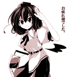 Rule 34 | 1girl, female focus, halftone, hat, looking at viewer, monochrome, red theme, shameimaru aya, smile, solo, tooya, touhou, touya (the-moon)