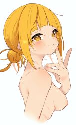 Rule 34 | 1girl, absurdres, blonde hair, boku no hero academia, breasts, closed mouth, from side, hair bun, highres, medium breasts, nude, rasusurasu, solo, toga himiko, upper body, v, white background, yellow eyes