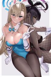 Rule 34 | 2girls, animal ears, asuna (blue archive), asuna (bunny) (blue archive), bare shoulders, black leotard, black pantyhose, blue archive, blue eyes, blue neckwear, blush, bow, bowtie, breasts, cleavage, closed mouth, commentary request, curvy, dark-skinned female, dark skin, detached collar, fake animal ears, fishnet legwear, fishnets, gloves, grey background, hair over one eye, halo, highleg, highleg leotard, highres, karin (blue archive), karin (bunny) (blue archive), large breasts, leotard, looking at viewer, looking to the side, mole, mole on breast, multiple girls, official alternate costume, pantyhose, playboy bunny, rabbit ears, simple background, sitting, smile, thighs, thong leotard, to gemichi, traditional bowtie, two-tone background, v, white background, white gloves, wide hips, yellow eyes