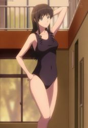 Rule 34 | 1girl, amagami, arm up, black one-piece swimsuit, breasts, brown hair, competition swimsuit, highres, long hair, morishima haruka, one-piece swimsuit, screencap, solo, swimsuit