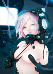 Rule 34 | 1girl, blue eyes, breasts, broken, cyberpunk, gloves, kirisaki (gin16k), mask, unworn mask, mecha musume, navel, original, pink hair, solo