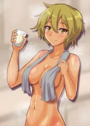 Rule 34 | 1girl, blonde hair, blush, brave witches, breasts, closed mouth, collarbone, convenient censoring, cup, degtyarev, glass, highres, holding, holding cup, large breasts, looking at viewer, milk, muscular, muscular female, navel, nude, short hair, smile, solo, towel, towel over breasts, upper body, waltrud krupinski, world witches series, yellow eyes