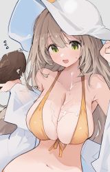 Rule 34 | 1girl, bikini, blue archive, blush, breasts, brown hair, coconut, collarbone, grey background, hair between eyes, hat, highres, holding, large breasts, long hair, looking at viewer, mikozin, navel, nonomi (blue archive), nonomi (swimsuit) (blue archive), open mouth, simple background, smile, solo, suggestive fluid, swimsuit, white hat, yellow bikini