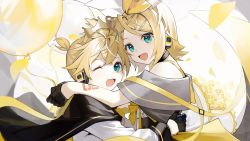 Rule 34 | 1boy, 1girl, arm tattoo, balloon, black cape, black dress, black gloves, blonde hair, bow, cape, commentary, confetti, dress, gloves, green eyes, hair bow, hair ornament, hairclip, headphones, heridy, highres, hug, kagamine len, kagamine rin, looking at viewer, number tattoo, off-shoulder dress, off shoulder, one eye closed, open mouth, shirt, short hair, simple background, smile, symbol-only commentary, tattoo, tiara, two-tone dress, vocaloid, white background, white bow, white dress, white shirt, yellow bow, yellow theme