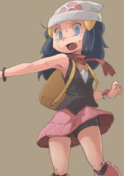 Rule 34 | 1girl, arm up, armpits, backpack, bag, bare shoulders, beanie, bike shorts, black shirt, black socks, blue eyes, blue hair, boots, bracelet, breasts, brown background, clothes lift, constricted pupils, creatures (company), dawn (pokemon), female focus, game freak, gerigoo, hair ornament, hairclip, hand up, hat, highres, jewelry, knee boots, kneehighs, long hair, looking at viewer, miniskirt, nintendo, open mouth, outstretched arm, pink footwear, pink skirt, poke ball symbol, pokemon, pokemon dppt, red scarf, scarf, shirt, short shorts, shorts, sidelocks, simple background, skirt, skirt lift, sleeveless, sleeveless shirt, small breasts, socks, solo, standing, sweat, tears, thighs, upskirt, v-shaped eyebrows, watch, white hat, wind, wind lift, wristwatch