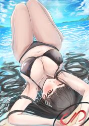 Rule 34 | 1girl, arms up, bikini, black bikini, black hair, blue archive, blue sky, blush, breasts, cafenami, cloud, day, halo, highres, knees up, large breasts, long hair, lying, navel, ocean, on back, one eye closed, outdoors, red eyes, rio (blue archive), sky, solo, stomach, swimsuit, thighs, very long hair, water