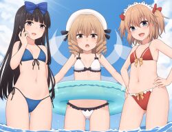 3girls adapted_costume arm_behind_back bikini black_hair blonde_hair blue_bikini blue_eyes blue_innertube blush bow bow_bikini breasts brown_eyes brown_hair day drill_hair fairy fairy_wings fang flat_chest frilled_bikini frills front-tie_top hair_bow hand_on_own_face hands_on_own_hips headdress highres holding holding_swim_ring innertube long_hair looking_at_viewer luna_child miyo_(ranthath) multiple_girls navel open_mouth orange_hair red_bikini ribbon short_hair side-tie_bikini_bottom small_breasts smile star_sapphire sunny_milk swim_ring swimsuit touhou twintails wading water white_bikini wings