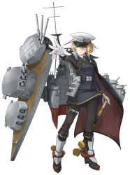 Rule 34 | 10s, 1girl, anchor, black cape, blonde hair, blue eyes, blue jacket, blue skirt, boots, buttons, cape, full body, gamyuu (gamyu), gloves, hat, hms nelson, jacket, kantai collection, machinery, mecha musume, military, military jacket, military uniform, necktie, original, pantyhose, peaked cap, pouch, propeller, rigging, royal navy, scabbard, sheath, shell, short hair, skirt, solo, sword, turret, uniform, weapon, white gloves