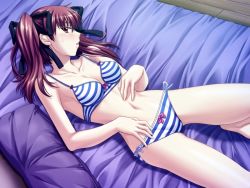 Rule 34 | 1girl, bra, game cg, konoe sunao, lingerie, lying, mahiro takeumi, navel, panties, red eyes, red hair, solo, striped bra, striped clothes, striped panties, tsuyokiss, twintails, underwear, underwear only
