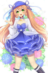 Rule 34 | :d, artist name, blouse, blurry, blurry background, blush, breasts, buttons, cleavage, dot nose, dress, eyebrows, eyelashes, flower, green eyes, hat, hat ornament, hat ribbon, highres, jewelry, kamaniki, large buttons, long hair, medium breasts, necklace, one-piece dress, open mouth, orange hair, original, ribbon, shirt, sleeveless, sleeveless dress, smile, socks, star (symbol), teeth, twintails, twitter username, very long hair, watermark, zipper