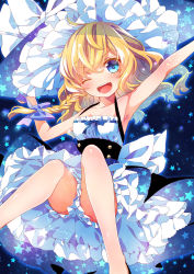Rule 34 | 1girl, ;d, adapted costume, armpits, blonde hair, blue eyes, blush, bow, braid, hair bow, hat, highres, kirisame marisa, long hair, looking at viewer, moru, one eye closed, open mouth, outstretched arm, single braid, smile, solo, star (symbol), touhou, witch hat