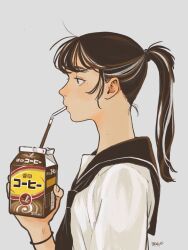 Rule 34 | 1girl, brown hair, brown neckerchief, brown sailor collar, drink, drinking, grey background, hand up, highres, long hair, multicolored hair, neckerchief, original, ponytail, profile, ry aw, sailor collar, shirt, simple background, solo, streaked hair, white shirt