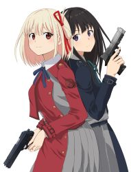 Rule 34 | 2girls, back-to-back, black hair, blonde hair, blue ribbon, closed mouth, collared shirt, commentary request, green ribbon, gun, hair ribbon, handgun, holding, holding gun, holding weapon, inoue takina, long sleeves, looking at viewer, lycoris recoil, lycoris uniform, multiple girls, neck ribbon, nishikigi chisato, purple eyes, red eyes, red ribbon, ribbon, scamp (scamp f16), shirt, short hair, simple background, smile, two-tone dress, upper body, weapon, white background, white shirt