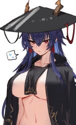 Rule 34 | 1girl, arknights, black robe, breasts, ch&#039;en (arknights), ch&#039;en the holungday (arknights), ch&#039;en the holungday (ten thousand mountains) (arknights), cleavage, closed mouth, embarrassed, hair between eyes, highres, hood, horn/wood, horns, large breasts, long hair, looking at viewer, navel, official alternate costume, red eyes, robe, simple background, solo, speech bubble, standing, sweat, sweatdrop, upper body, white background