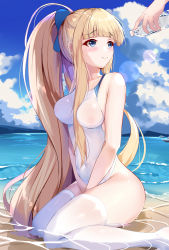 Rule 34 | 1girl, absurdres, azur lane, beach, between legs, blonde hair, blue eyes, blue sky, blunt bangs, bottle, breasts, cloud, commentary request, day, dongyue sakura, hair ribbon, hand between legs, highres, holding, holding bottle, icarus (azur lane), icarus (nereid&#039;s discovery) (azur lane), long hair, looking at another, medium breasts, mountainous horizon, ocean, one-piece swimsuit, outdoors, ponytail, ribbon, sitting, sky, smile, swimsuit, thighhighs, very long hair, wariza, water bottle, white one-piece swimsuit, white thighhighs