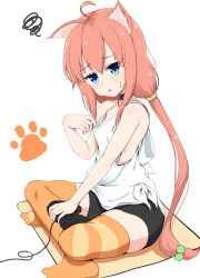 Rule 34 | 1girl, absurdres, ahoge, animal ear fluff, animal ears, bad id, bad pixiv id, bare arms, bare shoulders, bike shorts, black choker, black shorts, blue eyes, cat ears, choker, commentary request, controller, crossed legs, game controller, hair between eyes, hair bobbles, hair ornament, highres, hinata channel, kirikan (cokekiri), long hair, looking at viewer, low twintails, nekomiya hinata, no shoes, orange thighhighs, parted lips, paw print, paw print background, pink hair, shirt, short shorts, shorts, sitting, solo, squiggle, striped clothes, striped thighhighs, sweat, tank top, thighhighs, twintails, very long hair, virtual youtuber, white background, white shirt