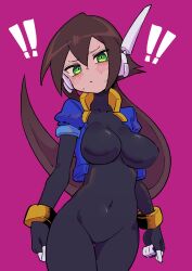 Rule 34 | !, !!, 1girl, absurdres, aile (mega man zx), black bodysuit, blue jacket, blush, bodysuit, bodysuit under clothes, breasts, brown hair, buzzlyears, covered navel, cowboy shot, cropped jacket, green eyes, highres, jacket, large breasts, long hair, looking at viewer, mega man (series), mega man zx, mega man zx advent, no pants, open clothes, open jacket, ponytail, purple background, robot ears, simple background, solo