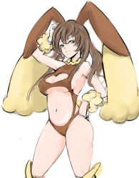Rule 34 | 1girl, animal ears, bad id, bad pixiv id, breasts, brown hair, cleavage, cleavage cutout, clothing cutout, creatures (company), curvy, game freak, gen 4 pokemon, grin, hand on own hip, hip focus, large breasts, leotard, long hair, lopunny, midriff, navel, nintendo, personification, pokemon, rabbit ears, rabbit tail, revealing clothes, sideboob, simple background, smile, solo, tail, underboob, white background, xinjing