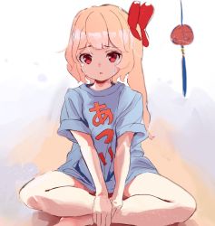 Rule 34 | 1girl, blonde hair, blue shirt, commentary request, crossed legs, flandre scarlet, hands on legs, long hair, oversized clothes, oversized shirt, parted lips, red eyes, shirt, short sleeves, sitting, solo, sweat, touhou, yuma (user zuft7485)