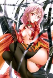 Rule 34 | 10s, 1girl, black thighhighs, breasts, center opening, cleavage, fingerless gloves, gloves, guilty crown, looking at viewer, mura chidori, pink hair, red eyes, solo, thighhighs, yuzuriha inori