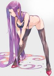 Rule 34 | 1girl, absurdly long hair, arm support, ass, bent over, bra, breasts, butt crack, cleavage, doushimasho, duplicate, eyes visible through hair, fate/stay night, fate (series), grey background, halterneck, hands on own knees, high heels, highres, large breasts, legs apart, lingerie, long hair, looking at viewer, medusa (fate), medusa (rider) (fate), nail polish, panties, purple bra, purple hair, purple panties, see-through, see-through legwear, simple background, smile, solo, square pupils, sweat, thighhighs, underwear, very long hair, yellow eyes