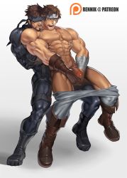 Rule 34 | 2boys, abs, assisted exposure, bandages, bara, beard, black bodysuit, blue eyes, bodysuit, boots, brown hair, castlevania (series), chain, clothes pull, covering privates, covering crotch, crossover, face, facial hair, flaccid, frottage, full body, gloves, headband, highres, leg between thighs, male focus, metal gear (series), multiple boys, muscular, na insoo, nipples, paid reward available, pants, pants pull, penis, richter belmont, shoes, single glove, solid snake, thick thighs, thighs, tight clothes, uncensored, undressing another, yaoi, yellow eyes