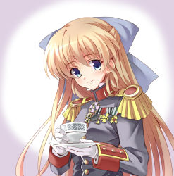 Rule 34 | 1girl, blonde hair, blue eyes, bow, cup, epaulettes, formal, gloves, hair bow, high collar, highres, holding, long hair, longmei er de tuzi, looking at viewer, medal, military, military uniform, original, simple background, solo, teacup, uniform, upper body, white gloves