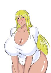 Rule 34 | 1girl, blonde hair, blush, breasts, cleavage, collarbone, genderswap, green eyes, grin, hair between eyes, head tilt, highres, huge breasts, lips, lipstick, looking at viewer, makeup, momijizx, naruko (naruto), naruto (series), naughty face, shirt, smile, solo, standing, thick thighs, thighs, white background, white shirt
