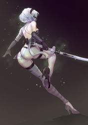Rule 34 | 1girl, 2b (nier:automata), ass, bare shoulders, blindfold, breasts, cosplay, from behind, full body, gloves, hairband, hei yu, high heels, highres, kaine (nier) (cosplay), legs, long legs, medium breasts, nier, nier:automata, nier (series), pumps, short hair, sideboob, solo, striped clothes, striped thighhighs, thighhighs, thighs, white hair