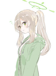Rule 34 | 1girl, ?, alternate costume, alternate hairstyle, blue archive, blush, closed mouth, green eyes, green jacket, hair between eyes, halo, head tilt, hood, hood down, hooded jacket, jacket, light brown hair, long sleeves, looking at viewer, nonomi (blue archive), nprmtp, ponytail, sidelocks, simple background, smile, solo, upper body, white background