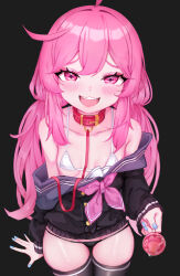 Rule 34 | absurdres, ahoge, black background, black jacket, black panties, black thighhighs, blue nails, bra, breasts, candy, collar, collarbone, eien project, eyebrows, eyelashes, fingernails, food, highres, holding candy, holding food, holding lollipop, jacket, jacket partially removed, kiki lockheart, leash, lollipop, long hair, looking at viewer, lunarisbloom, matching hair/eyes, messy hair, nail polish, open mouth, panties, pink eyes, pink hair, pink lips, shiny skin, simple background, small breasts, star-shaped pupils, star (symbol), symbol-shaped pupils, tagme, teeth, thighhighs, tongue, underwear, upper teeth only, virtual youtuber, white bra