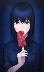 Rule 34 | 1girl, amino (tn7135), blue background, blue eyes, blue hair, breasts, food, highres, looking at viewer, original, popsicle, short hair, simple background, small breasts, solo, tongue, tongue out, upper body