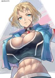 Rule 34 | 1girl, abs, blonde hair, blue eyes, breasts, cammy white, chikoinochi, choker, cleavage, female focus, highres, huge breasts, midriff, navel, scar, short hair, solo, street fighter, street fighter 6, upper body