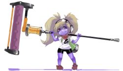 Rule 34 | 1girl, bike shorts, blonde hair, borvar, crossover, dynamo roller, fang, highres, league of legends, light smile, long hair, looking at viewer, nintendo, paint roller, poppy (league of legends), purple skirt, red eyes, shirt, simple background, skirt, solo, splatoon (series), splatoon 1, t-shirt, thighs, twintails, white background, wide hips