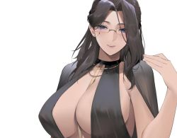 Rule 34 | 1girl, alios arvin, blue eyes, blush, breasts, brown hair, capelet, covered erect nipples, glasses, halterneck, inoue iris (sdustz), jewelry, large breasts, long hair, looking at viewer, mature female, necklace, original, parted lips, simple background, smile, solo, white background