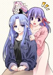 Rule 34 | 00s, 3girls, ^^^, blue eyes, blue hair, braid, chibi, chibi inset, collarbone, fate/hollow ataraxia, fate/stay night, fate (series), hair ribbon, hug, hug from behind, jacket, jealous, light purple hair, lipstick, long hair, long skirt, looking at viewer, makeup, matou sakura, medea (fate), medusa (fate), medusa (rider) (fate), multiple girls, o o, official alternate costume, one side up, otaut-r, pointy ears, purple eyes, ribbon, side braid, skirt, smile, very long hair
