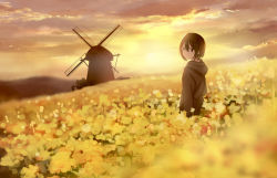Rule 34 | 1girl, backlighting, blurry, blurry foreground, brown eyes, brown hair, cloud, cloudy sky, commentary request, depth of field, field, flower, flower field, landscape, looking at viewer, looking back, original, rapeseed blossoms, sakeharasu, scenery, short hair, sky, solo, standing, sunset, wide shot, windmill, yellow theme