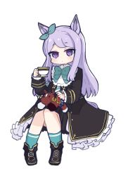 Rule 34 | 1girl, animal ears, black footwear, black jacket, black skirt, blue socks, blush, boots, bow, chibi, commentary request, cross-laced footwear, cup, ear ribbon, female focus, frilled jacket, frilled sleeves, frills, full body, green bow, green ribbon, hand up, highres, holding, holding cup, horse ears, horse girl, horse tail, jacket, lace-up boots, long hair, long sleeves, looking at viewer, mejiro mcqueen (umamusume), nozo (hitomiz), pleated skirt, purple eyes, purple hair, ribbon, simple background, sitting, skirt, sleeves past wrists, socks, solo, stuffed animal, stuffed horse, stuffed toy, swept bangs, tail, thick eyebrows, tokai teio (racehorse), umamusume, very long hair, white background