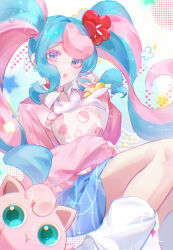 Rule 34 | 1girl, :t, absurdres, aqua hair, blue eyes, blue skirt, bull sprite (pokemon), cardigan, chromatic aberration, closed mouth, collared shirt, creatures (company), curly hair, earrings, eyelashes, fairy miku (project voltage), fingernails, flower, fossil sprite (pokemon), game freak, gen 1 pokemon, glitter, golem (he ji gao), green eyes, hair flower, hair ornament, hatsune miku, highres, holding, holding pillow, jewelry, jigglypuff, knees together feet apart, leg warmers, legs, lips, long fingernails, long hair, long sleeves, looking at viewer, multicolored hair, nail polish, neckerchief, nintendo, pillow, pink cardigan, pink eyes, pink hair, pink lips, pink nails, pink neckerchief, plaid, plaid skirt, poke ball print, pokemon, pokemon (creature), project voltage, puckered lips, shirt, skirt, sky, sleeves past wrists, socks, star (symbol), thick lips, thighs, twintails, two-tone eyes, two-tone hair, vocaloid, white background, white shirt, white socks