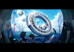 Rule 34 | :d, android, bad id, bad pixiv id, blonde hair, blue eyes, blue hair, brown hair, building, city, cloud, cloudy sky, contrail, dark skin, highres, hologram, joints, kazan in seika, letterboxed, lifebuoy, looking at viewer, monowheel, multiple boys, multiple girls, open mouth, original, robot joints, science fiction, sky, skyscraper, smile, space elevator, swim ring, white hair