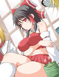 Rule 34 | 3girls, alice margatroid, arm under breasts, ascot, black hair, blonde hair, blush, bow, breasts, closed mouth, collared shirt, commentary request, cookie (touhou), cup, detached sleeves, dutch angle, expressionless, feet out of frame, frilled bow, frilled hair tubes, frilled shirt collar, frills, green tea, hair between eyes, hair bow, hair tubes, hakurei reimu, hinase (cookie), huei nazuki (style), kirisame marisa, large breasts, looking at viewer, marine (46586031), medium hair, midriff, multiple girls, navel, parody, plump, red bow, red eyes, red scarf, red shirt, red skirt, reu (cookie), ribbon-trimmed sleeves, ribbon trim, scarf, shirt, shouji, sidelocks, sitting, skirt, skirt set, sleeveless, sleeveless shirt, sliding doors, socks, solo focus, style parody, tea, touhou, uzuki (cookie), white sleeves, white socks, yellow ascot, yunomi