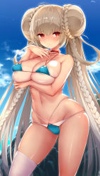 Rule 34 | 1girl, areola slip, arm under breasts, azur lane, bikini, blue bikini, blush, braid, breasts, brown hair, cleavage, collarbone, covered erect nipples, double bun, formidable (azur lane), formidable (the lady of the beach) (azur lane), hair bun, highres, large breasts, long hair, looking at viewer, micro bikini, navel, official alternate costume, outdoors, parted lips, red eyes, resolution mismatch, sideboob, sigma rio, single thighhigh, sky, solo, source smaller, standing, swimsuit, thighhighs, thighs, underboob, very long hair, white thighhighs