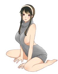Rule 34 | 1girl, alternate costume, backless outfit, bad id, bad pixiv id, bare legs, barefoot, between legs, black hair, blush, breasts, commentary, datsuko (momojam koubou), earrings, english commentary, grey sweater, hairband, hand between legs, highres, jewelry, large breasts, long hair, looking at viewer, meme attire, mixed-language commentary, naked sweater, parted lips, red eyes, ribbed sweater, sideboob, sidelocks, simple background, sitting, sleeveless, sleeveless turtleneck, solo, spy x family, sweatdrop, sweater, thighs, turtleneck, turtleneck sweater, virgin killer sweater, wariza, white background, yor briar