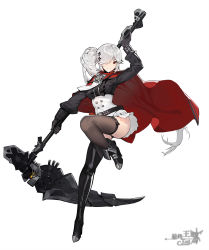 Rule 34 | 1girl, asymmetrical footwear, black thighhighs, boots, bow, cape, character request, commentary request, copyright request, corset, dress, closed eyes, facing viewer, full body, hair bow, hair over one eye, high heel boots, high heels, highres, holding, holding scythe, holding weapon, kishiyo, leg up, long sleeves, looking at viewer, miniskirt, mismatched footwear, no panties, one eye covered, pleated skirt, polearm, ponytail, puffy long sleeves, puffy sleeves, red cape, red eyes, scythe, shirt, short dress, skirt, solo, standing, standing on one leg, thighhighs, thighs, upskirt, weapon, white hair, white shirt, white skirt