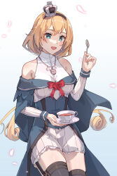 1girl absurdres black_hairband black_thighhighs blonde_hair blue_capelet blue_eyes blue_overskirt breasts capelet crown cup earrings flower garter_straps hair_between_eyes hairband highres himeyamato holding holding_saucer jewelry kantai_collection long_hair long_sleeves low-tied_long_hair medium_breasts mini_crown red_flower red_rose rose saucer solo teacup thighhighs valiant_(kancolle)