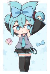 Rule 34 | 1girl, absurdres, arms up, black footwear, black skirt, black sleeves, blue bow, blue eyes, blue hair, blue necktie, blush, boots, bow, chibi, cinnamiku, closed mouth, collared shirt, commentary request, cross-shaped pupils, detached sleeves, full body, grey shirt, hair between eyes, hair bow, hana kazari, hatsune miku, headset, highres, long sleeves, necktie, pleated skirt, shirt, skirt, sleeveless, sleeveless shirt, sleeves past wrists, smile, solo, symbol-shaped pupils, thigh boots, tie clip, vocaloid, wide sleeves